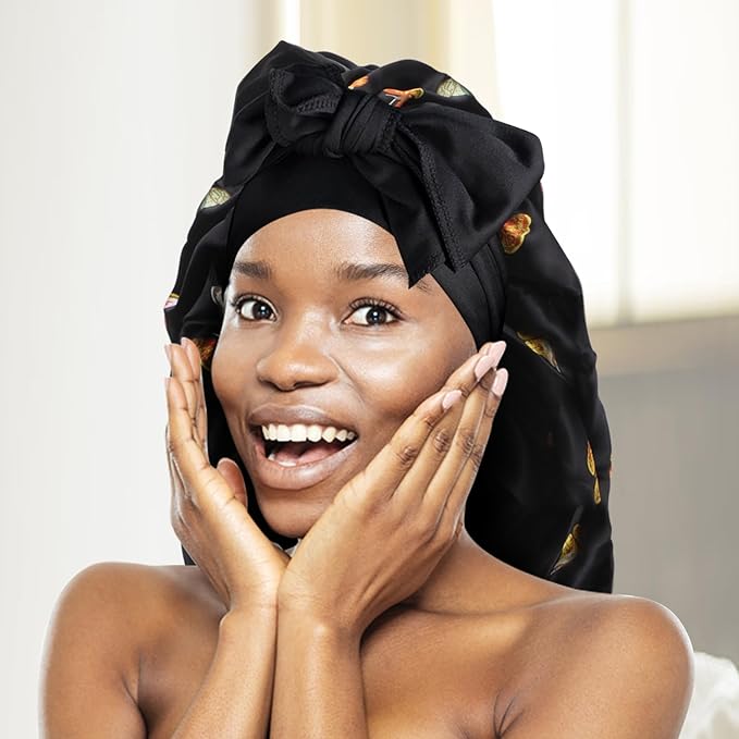 Arqumi Satin Silk Bonnet for Sleeping Women - 2 Pcs Large Long Strap Tie Band Adjustable Sleep Night Shower Cap Hair Bonnet Wrap for Men Reusable, Butterfly Pattern Purple+ Black