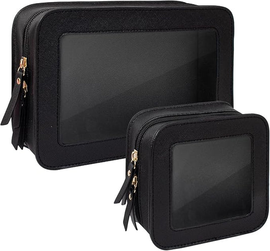 Clear Makeup Bag Set for Women Portable Clear Makeup Bag Cute Waterproof Travel Cosmetic Bag Travel Essentials Car Accessories for Women Men(Black, Standard + Mini)
