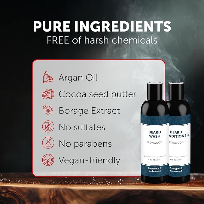 Detroit Grooming Co. Beard Wash & Conditioner Bundle – The Ultimate Beard Kit with Biotin & Argan Oil – Fresh Cherry Tobacco Scent – 8 oz Each (Ironwood)