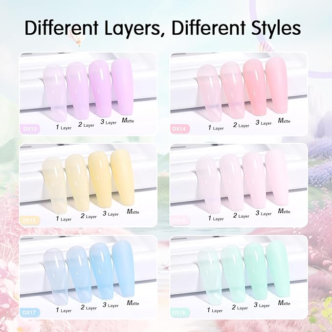 Jelly Crystal Gel Nail Polish Set, 6 Colors Pastel Blue Purple Rainbow Yellow Pink Gel Polish Kit Uv LED Dryer Cured Spring Summer Nail Trend Gel Nail Art Kit Gifts for Women