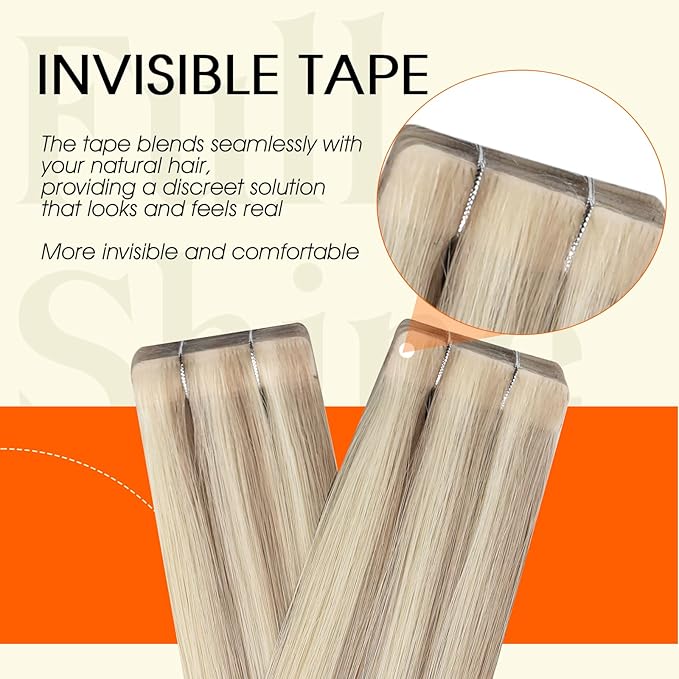 Full Shine Highlight Blonde Injection Tape in Hair Extensions Color 18/613 Remy Tape in Human Hair Extensions 16Inch Straight Natural Seamless Skin Weft Extension 40Gram 20Pcs for Women