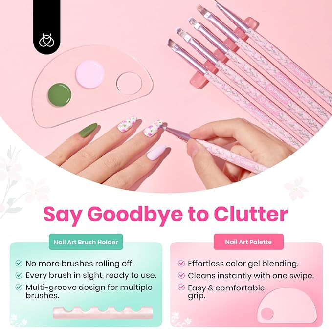 Beetles Gel Polish Nail Art Brushes Set 6 Pcs Nail Brush and 8 ml Pink Painting Gel, Floral Pattern Handle Gradient Bristles Fingernail Art Pens DIY with Bowknot Accessories Manicure Design Tools Set