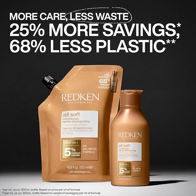 Redken All Soft Conditioner - Moisturizes & Hydrates Dry, Brittle Hair, Softens, Smooths & Adds Hair Shine, Conditioner & Detangler, Refillable