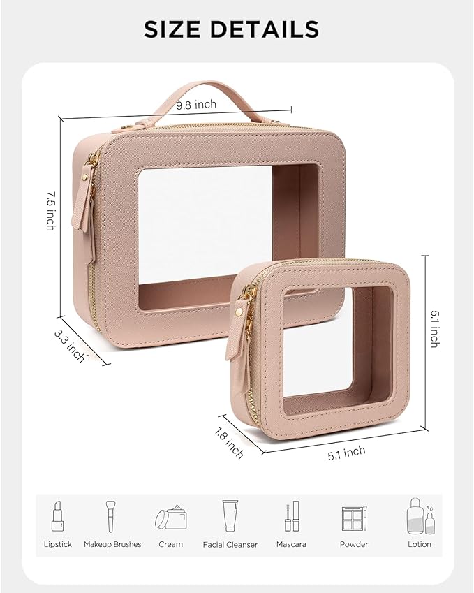 LETGO Clear Makeup Bags Set - TSA Approved Toiletry Bag with Handle Large Opening, Clear Toiletry Bags Case Pouch for Traveling Travel Car Orangizer Storage Essentials (Mini+Large Nude)
