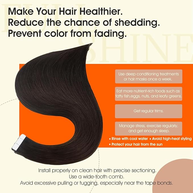 Full Shine Tape in Human Hair Extensions 14Inch Seamless Skin Weft Adhesive Tape Hair Extensions Real Human Hair Color 2 Dark Brown Glue in Remy Human Hair Extension 20Pcs 50g Thick End for Women