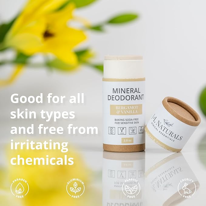 J&L Naturals Mineral Deodorant | Baking Soda-Free, 100% Natural, Sustainable Skin Care | Sensitive Deodorant For Women & Men | Aluminum Free, Vegan, Cruelty-Free (Bergamot & Vanilla, 3 Oz (Pack of 4))