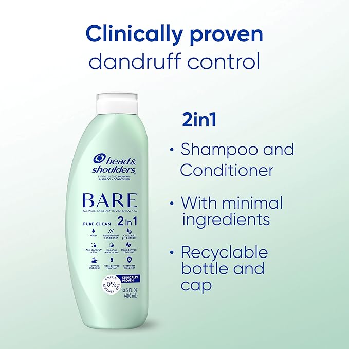 Head & Shoulders Anti-Dandruff Shampoo and Conditioner, BARE Pure Clean 2-in-1 Twin Pack, 1% Pyrithione Zinc, Scalp Care, Sulfate-Free, Silicone-Free, 13.5 fl oz Each