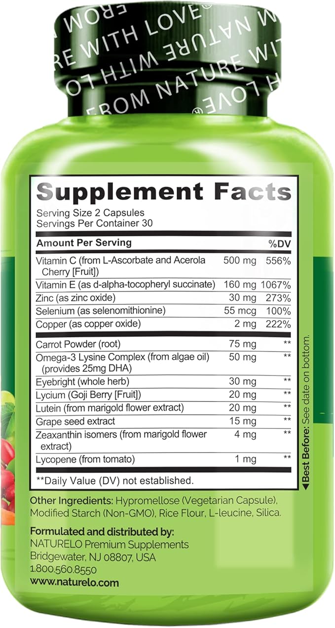 NATURELO Eye Vitamins - AREDS 2 Formula Nutrients with Lutein, Zeaxanthin, Vitamin C, E, Zinc, Plus DHA - Supplement for Dry Eyes, Healthy Vision, Eye Support - 60 Vegan Capsules (Pack of 2)