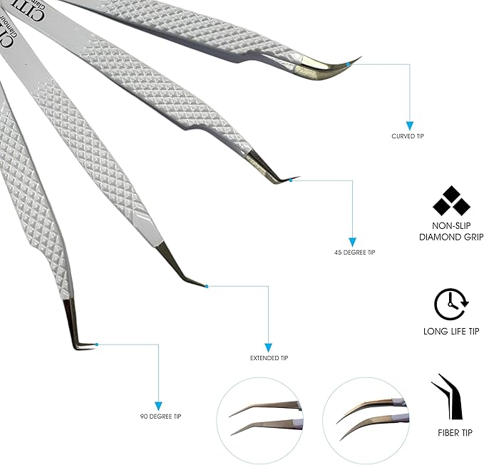 Lash Tweezers For Eyelash Extension set of 4 with Diamond Grip and Precise Fiber Tip For Volume,Mega Volume And Classic Lashes,Ideal for Lash Artist and at home use