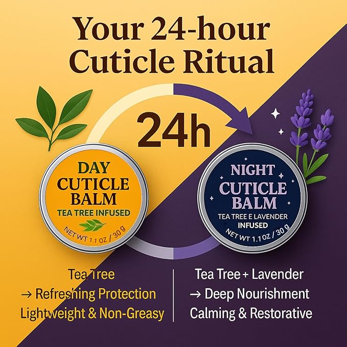 Tea Tree Oil Cuticle Balm Day & Night Set - Cuticle Cream & Butter for Dry, Damaged Cuticles - Includes Cuticle Brush for Easy Application - Cuticle Healing Treatment Moisturizer, 1.1 OZ 2PK