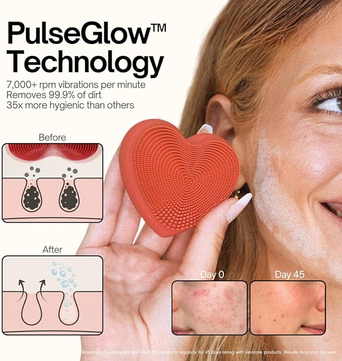 Heart Face Clean Pro⁺ - Electric Silicone Facial Scrubber for Acne with 7000+ Sonic Pulses - IPX7 Waterproof Rechargeable Exfoliator with Slip-Free Grip, 3 Speed Settings & Phthalate-Free - Rose
