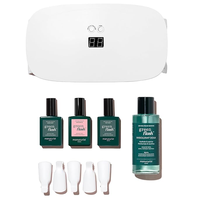 Manucurist Green Flash Slim LED Nail Gel Kit : 24W LED Lamp, Base Coat, Top Coat, Hortencia Pink Polish, Remover, Clips - Gel Nail Polish Kit with Uv Light - Gifts for Women