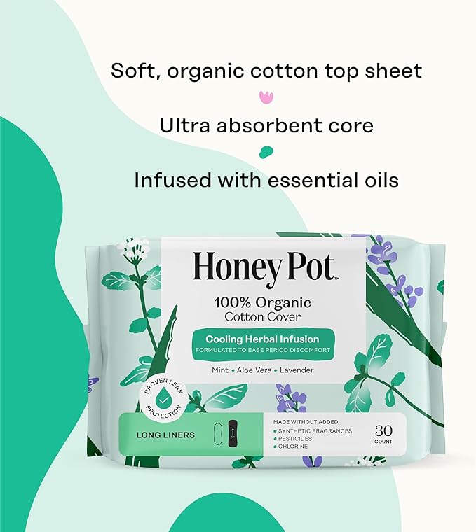 The Honey Pot Company - Herbal Long Panty Liners for Women - Infused w/Essential Oils for Cooling Effect & Organic Cotton Cover - Feminine Care - 30 ct