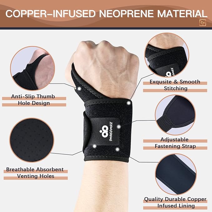 INDEEMAX 2 Pack Copper Wrist Brace Support for Carpal Tunnel, Pain Relief, Arthritis, Tendonitis, Adjustable Wrist Braces Compression Wraps Both Hands, Fit for Men and Women, Black