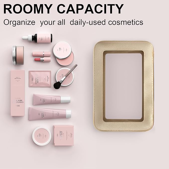 LETGO Clear Makeup Bags, TSA Approved Toiletry Bag with Zipper, Clear Makeup Organizer Fit Carry-on Travel Essentials,Clear Cosmetic Bags for Women Men (O-Gold)