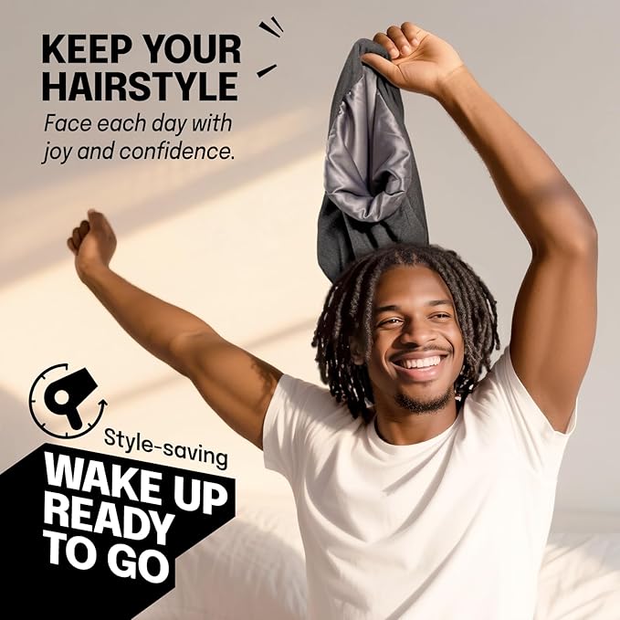 Large Satin Bonnet for Men Sleeping: Loc Cap Dreadlocks for Curly Braids Wave, Silky for Frizzy Hair Smooth, Adjustable No Slip Grey