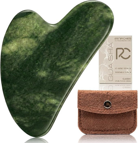 Rena Chris Gua Sha Facial Tools, Natural Jade Stone Guasha Tool for Face Massage - Face Sculpting Tool for Jawline Sculpting, Puffiness Reduction and Skincare Routine with Travel Pouch