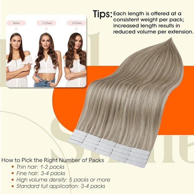 Full Shine Tape ins Human Hair Extensions Color 18 Ash Blonde Highlight 613 Blonde Tape in Hair Extensions 24Inch Invisible Remy Skin Weft Add Length 40Pcs 100Gram Soft Silky