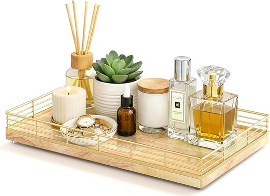 Large Bathroom Vanity Tray – 13" x 8" Oak Decorative Wooden Tray for Bathroom Countertop & Vanity Organizer, Wood Tray for Perfume Skincare Accessories Storage Vanity Dresser Decor Gold & Natural Oak