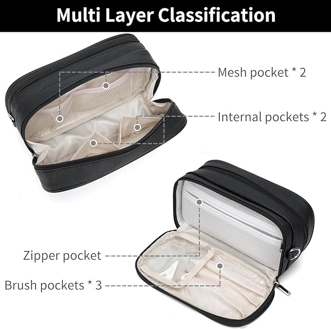 Makeup Bag for Women, Wide-open Makeup Organizer with Makeup Brush Holder, Waterproof Cosmetic Bag with Compartment, Portable Travel-Size Toiletry Bag for Traveling, Large Make Up Bag (Black)