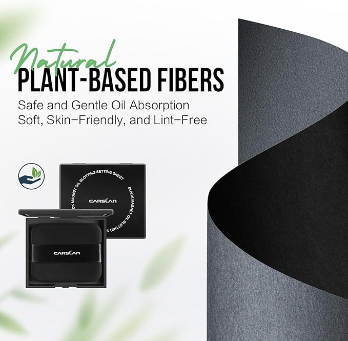 CARSLAN Makeup Blotting Paper with Powder, Black Magnet Blotting Sheet for Oily & Combination Skin, Portable Compact with Puff & Mirror, Keeps Makeup Fresh All Day, 450 Sheets + 8 Refill Adhesive Pads