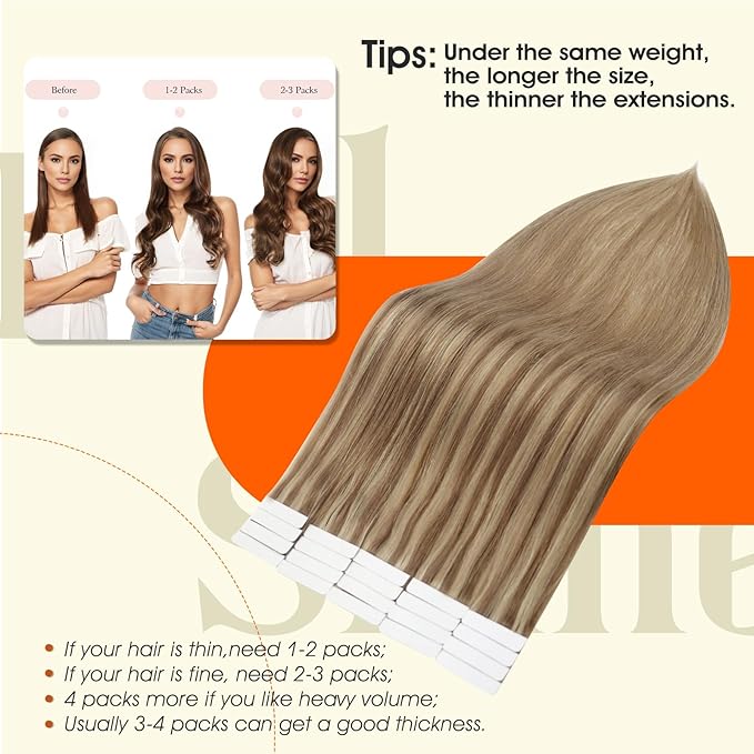 Full Shine Remy Tape in Human Hair Extensions 18Inch Double Sided Tape in Extensions Color 10/16/16 Balayage Seamless Skin Weft Long Hair 50Gram 20Pcs for Wedding Add Length Straight