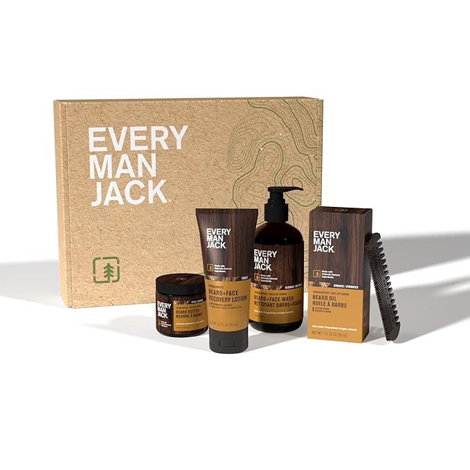 Every Man Jack Beard Essentials Gift Set for Men – Complete Routine with 5 Full-Size Essentials – Sandalwood Scent - Beard & Face Wash, Lotion, Oil, Butter & Comb