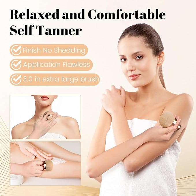 Extra Large Body Makeup Brush For Self Tanner,Makeup Brush For Self Tanner Face Leg,Self Tan Back Applicator,3.0in Sphere Kabuki Brush For Bronzers Blend Self Tanning with Pink Drawstring Bag (Gold)