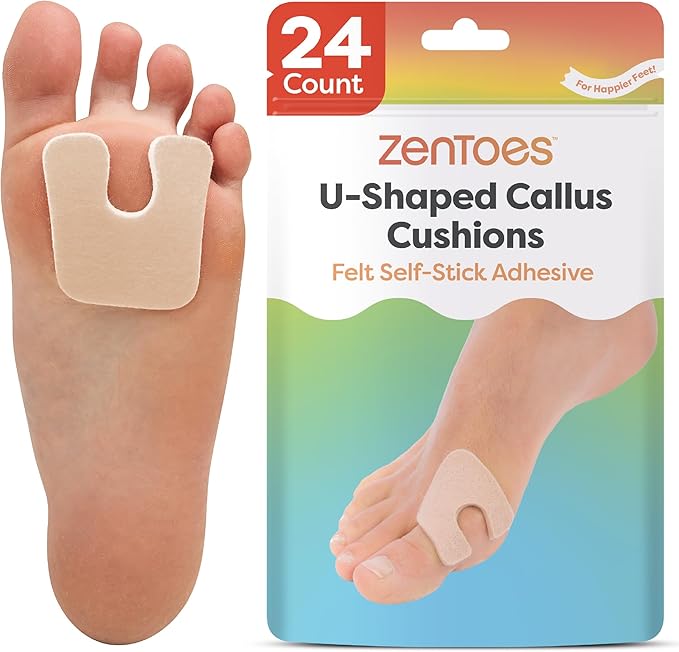 ZenToes U-Shaped Felt Callus Pads | Protect Calluses from Rubbing on Shoes | Reduce Foot and Heel Pain | Pack of 24 | 1/8” Self-Stick Pedi Cushions