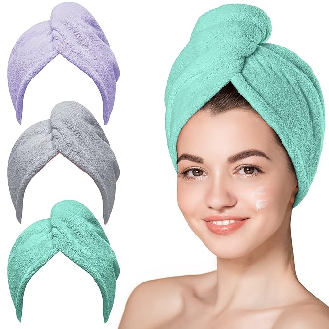 Hicober Microfiber Hair Turbans (3 Pack), Drying Hair Wrap Towels for Curly Women, Anti-Frizz (Green, Purple, Grey)