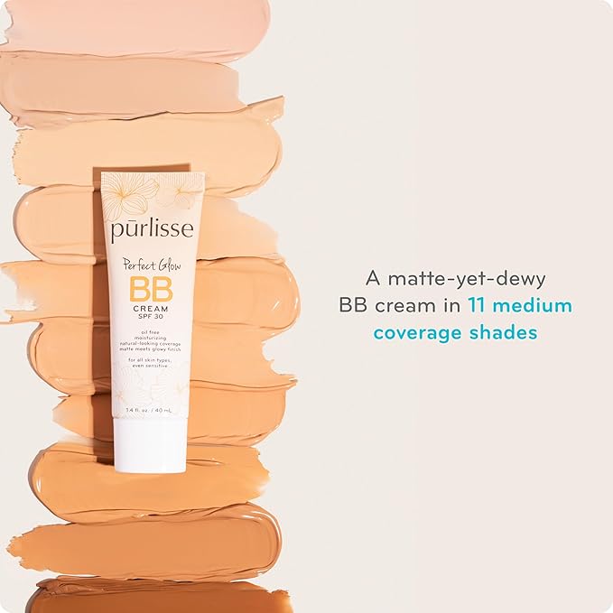pūrlisse Perfect Glow BB Cream with SPF 30 - Matte Meets Dewy Finish - Enriched with Goji & Hawthorn Berry to Help Improve Skin Texture & Radiance - Light Medium (1.4 oz)