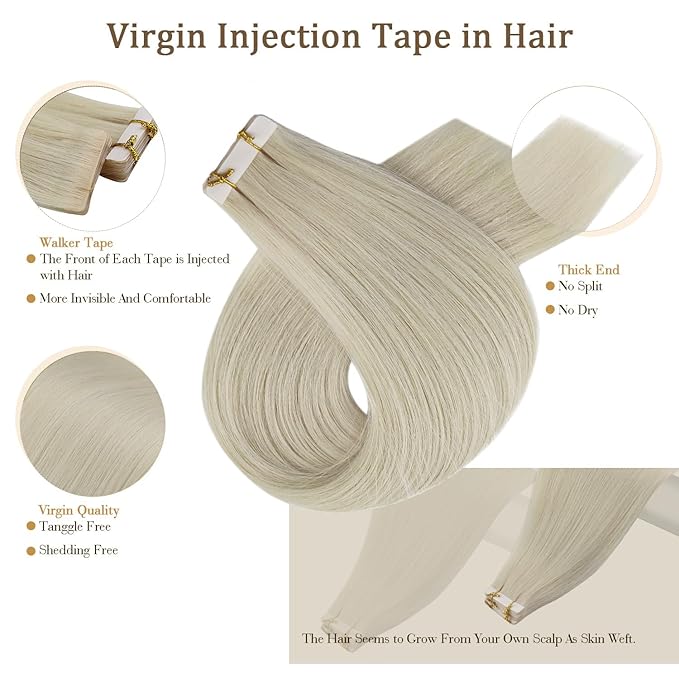 Full Shine Injected Tape Hair Extensions 5Pcs Color 1000 Blonde Virgin Intact Tape in Hair Extensions Seamless Skin Weft Tape ins Extensions 16 Inch Human Hair Extension 10Gram Straight Hair
