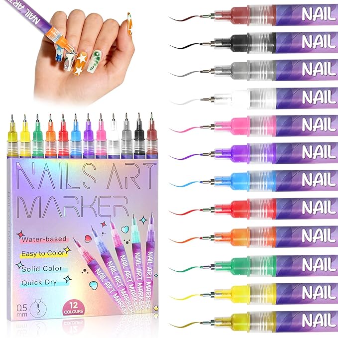 12 Colors Nail Art Pens & Nail Art Markers Set, Nail Polish Pens for Nail Painting, Art Design and Decorations, for Both Children and Adults