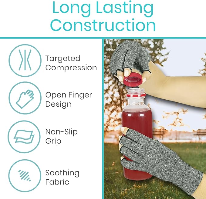 Vive Arthritis Gloves - Men, Women Rheumatoid Compression Hand Glove for Osteoarthritis- Arthritic Joint Pain Relief - Carpal Tunnel Wrist Support - Open Finger, Fingerless Thumb for Computer Typing