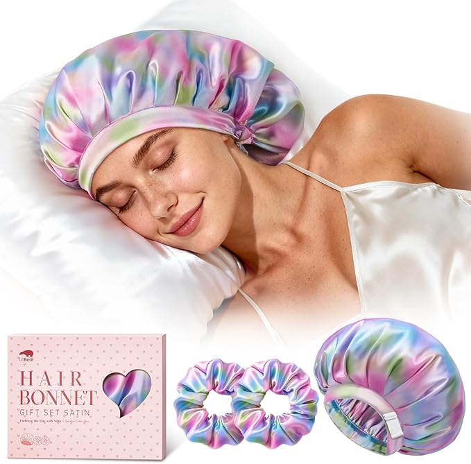 LitBear Silk Satin Bonnet for Sleeping Women, Adjustable Double Layer Hair Bonnet with Scrunchies for Curly Natural Hair, Non Slip Softer Night Sleep Cap