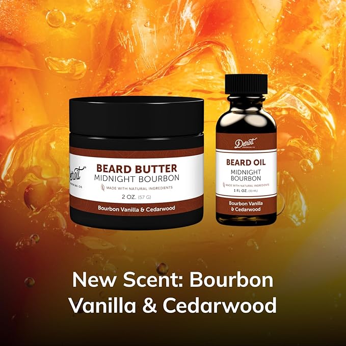Detroit Grooming Co. Beard Oil & Beard Balm Bundle | Midnight Bourbon Scent (Bourbon Vanilla & Cedarwood) | Hydrating Beard Care Set with Vitamin E & Sunflower Oil | 1 oz Beard Oil & 2 oz Beard Balm