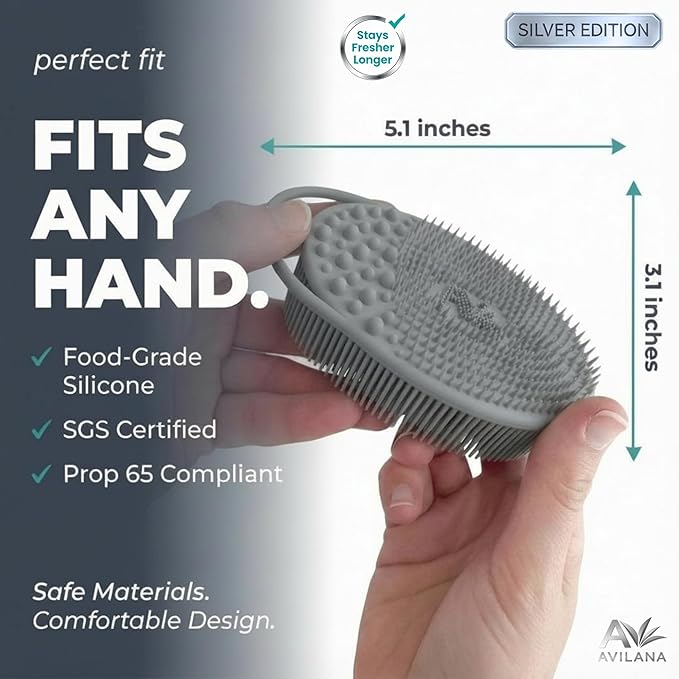 Avilana Silver Edition Exfoliating Body Scrubber - Silver-Ion Infused Silicone Bath Brush, ISO Tested Dual Sided, Stays Fresh Firm Bristles Smooth Rough Bumpy Skin Texture Loofah Alternative Women Men
