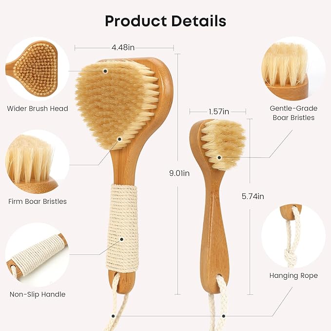 Bamboo Dry Brushing Set with Body and Face Brush, Dry Scrub Brush with Exfoliating Natural Boar Bristle for Lymphatic Drainage, Cellulite Reduction, Blood Circulation and Glowing Skin, 2 Pack