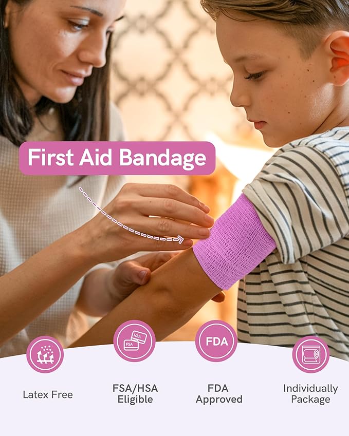 FriCARE Self Adhesive Bandage Wrap, Medical Tape in First Aid Kit, Cohesive Bandages for Wounds Sport Vet, 2 Inches X 5 Yards 6 Rolls, Fluorescent Purple