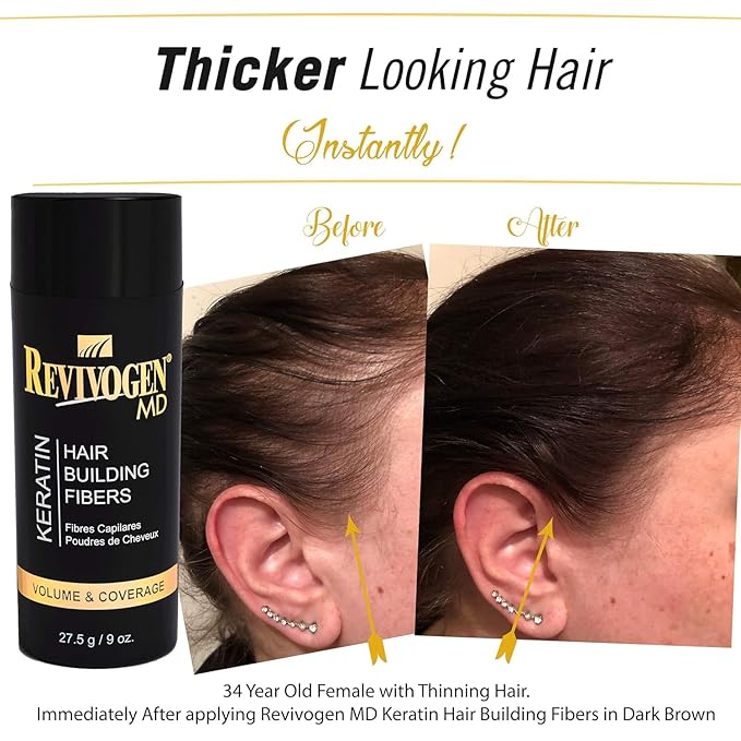 Revivogen MD Keratin Hair Building Fibers, Hairline Powder, Hair Fibers, Hair Fibers for Thinning Hair, Hair Fiber Spray, Thick Fiber for Hair Men and Women, Hair Filler, .9oz, Black