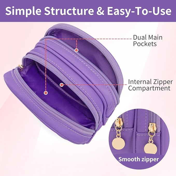 Small Makeup Pouch, Double Zipper Cosmetic Bag, Travel Makeup Bag, Cute Makeup Bag for Purse, Mini Toiletry Bag (Purple)