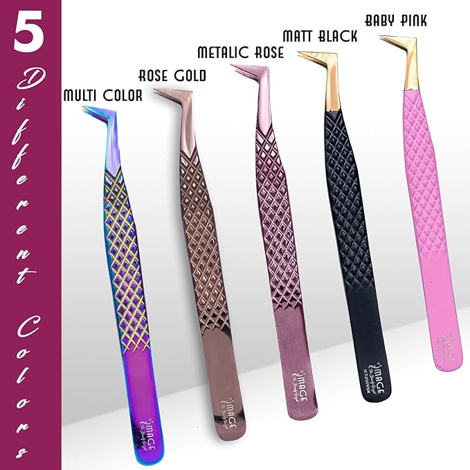5 Pcs Fiber-Tip Japanese Steel Lash Tweezer Set with Leather Case, Professional Eyelash Tweezers for Lash Extensions – Titanium Coated, 90 & 45 Angled, Precision Pointed Tweezers (Rainbow Color)