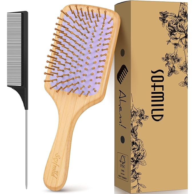 Bamboo Wooden Paddle Hair Brush-Bamboo Wood Bristles Detangling Hairbrush for Women Men Massaging Scalp Hair Growth