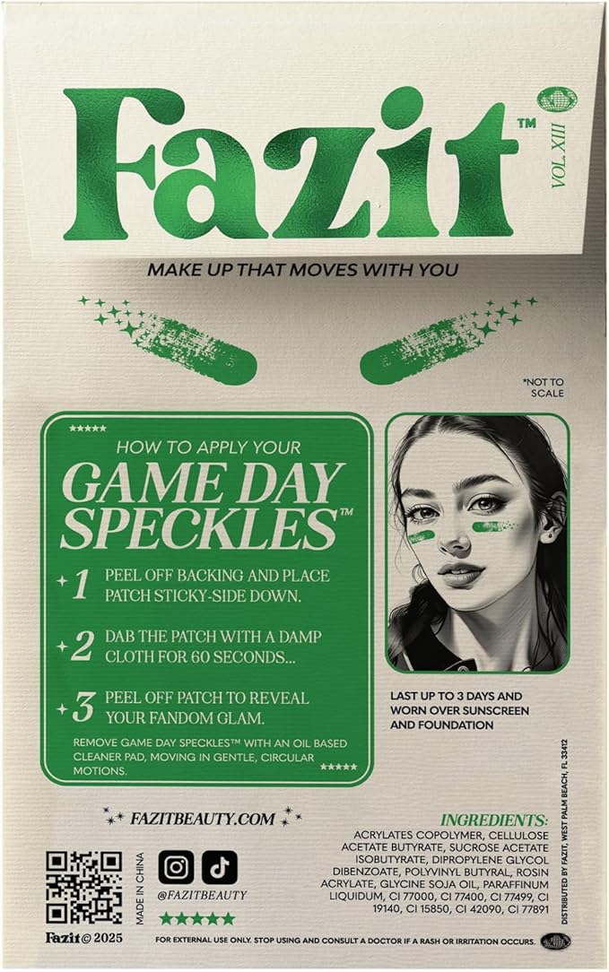 Fazit Makeup Patches - Green Game Day Speckles - Glow Up Make-Up Patches - Cute Glitter Makeup Accessories for Women - Cosmetic Glitter for Face