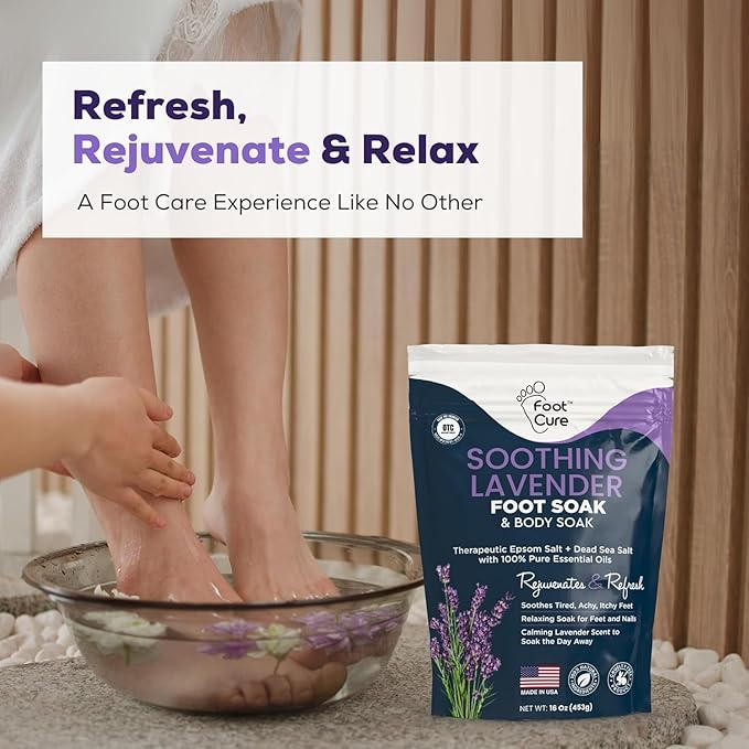 FOOT CURE Tea Tree Oil & Soothing Lavender Foot Soak with Epsom Salt - Best Toenail Treatment & Softens Calluses - Soothes Sore & Tired Feet, Foot Odor Scent, Spa Pedicure - 16 oz (Pack of 2)