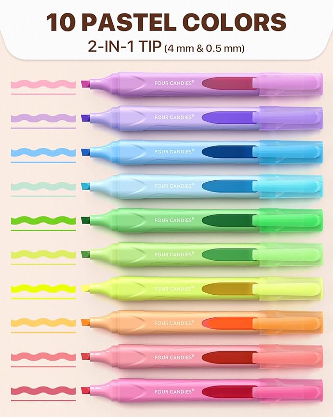Four Candies Highlighters Assorted Colors, Liquid Highlighter with Clear View Design, Soft Chisel Tip, Classic Colors, 10 Pcs No Bleed Cute Highlighters