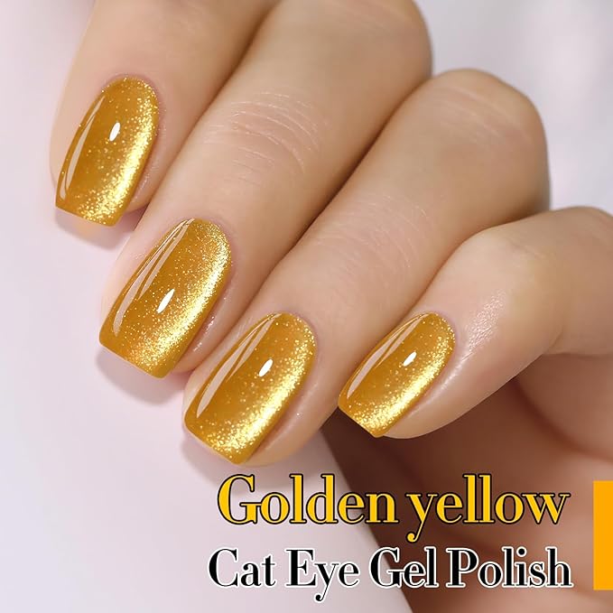 Double Rhythm Jelly Glass Cat Eye Gel Polish with Magnet 15ML Holographic Glitter Shimmer Translucent Sheer Color Magnetic Nail Polish Salon DIY at Home (Gold Cat-MC1025)