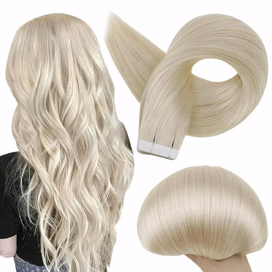 Full Shine Tape in Brazilian Human Hair Blonde Tape Hair Extensions 14Inch Skin Weft Hair Extensions Real Human Hair Color 60 Platinum Blonde Remy Seamless Human Hair Extension 50G 20Pcs for Wedding