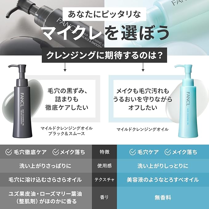 FANCL Mild Cleansing Oil Black & Smooth, Japanese Facial Cleansing Oil, Makeup Remover, Oil Cleanser, Charcoal Formula, 100% Preservative Free, Clean Skincare for Oily Skin