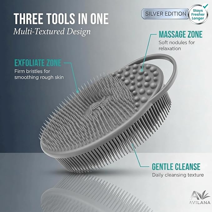 Avilana Silver Edition Exfoliating Body Scrubber - Silver-Ion Infused Silicone Bath Brush, ISO Tested Dual Sided, Stays Fresh Firm Bristles Smooth Rough Bumpy Skin Texture Loofah Alternative Women Men